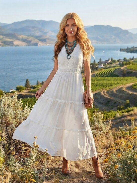 Rebellion Dresses & Skirts - Rebellion White V-Neck Lace-Trim Maxi Dress